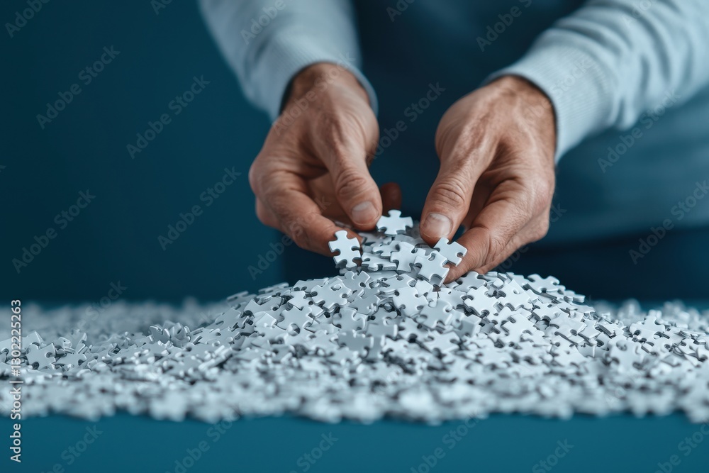 Poster businessman or manager carefully assembling a single puzzle piece in hands symbolizing the process o
