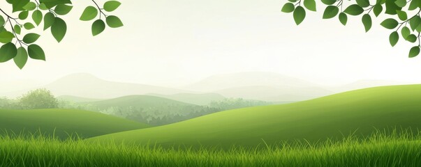 Fototapeta premium Captivating green landscape with rolling hills a serene meadow and a touch of misty atmosphere creating a tranquil and picturesque natural setting