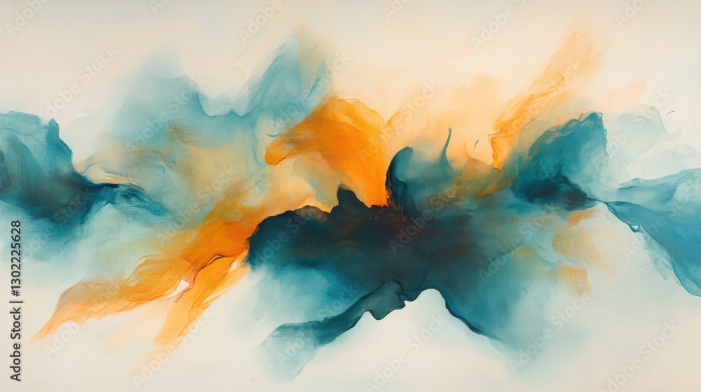 Poster Soft pastel amber and teal jagged blotches create a serene abstract artwork emphasizing fluidity and movement