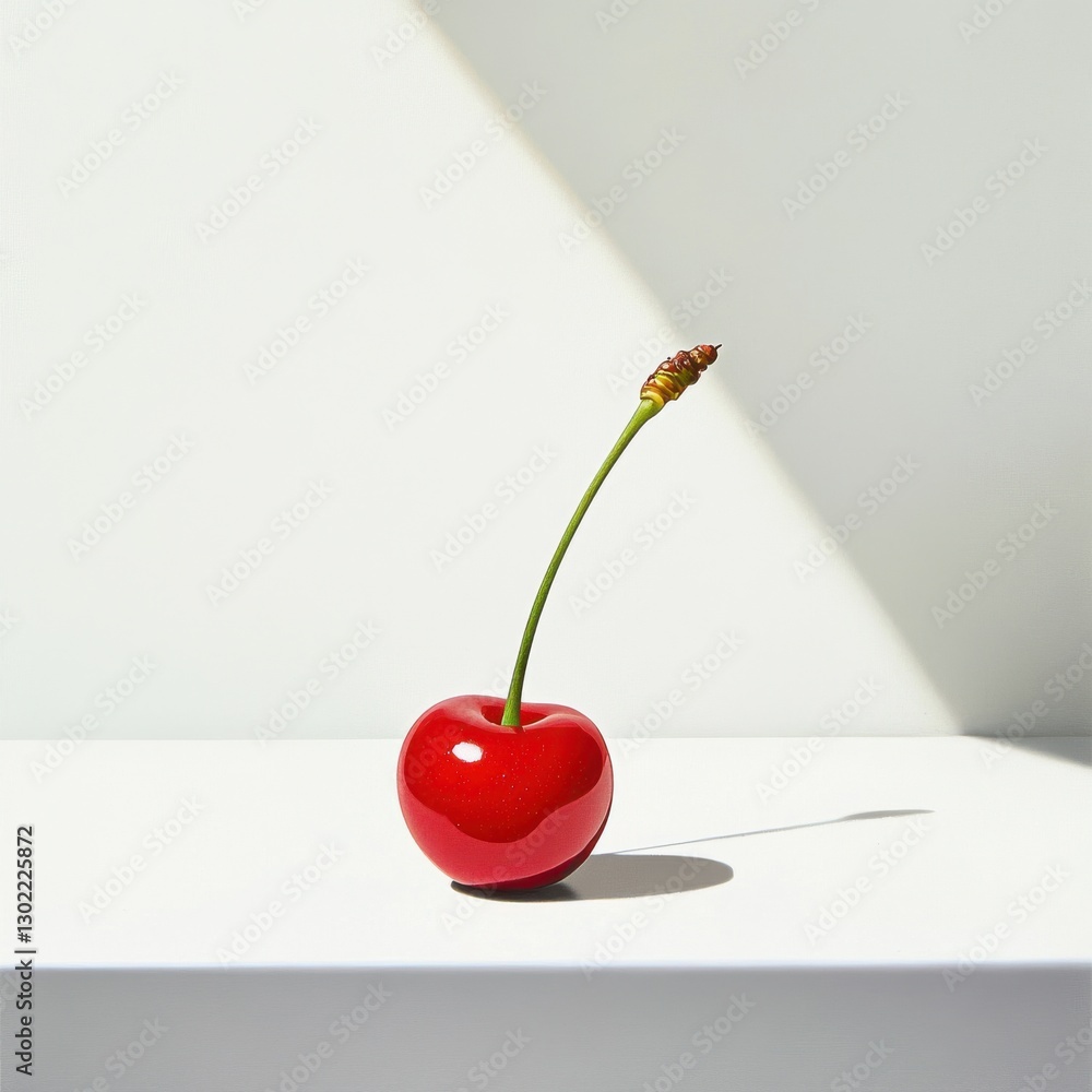 Aufkleber Glossy red cherry resting on a surface, illuminated by soft light in a minimalist setting