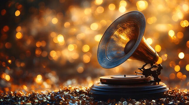 Vintage gramophone on a shimmering background of golden bokeh lights capturing nostalgia and music culture