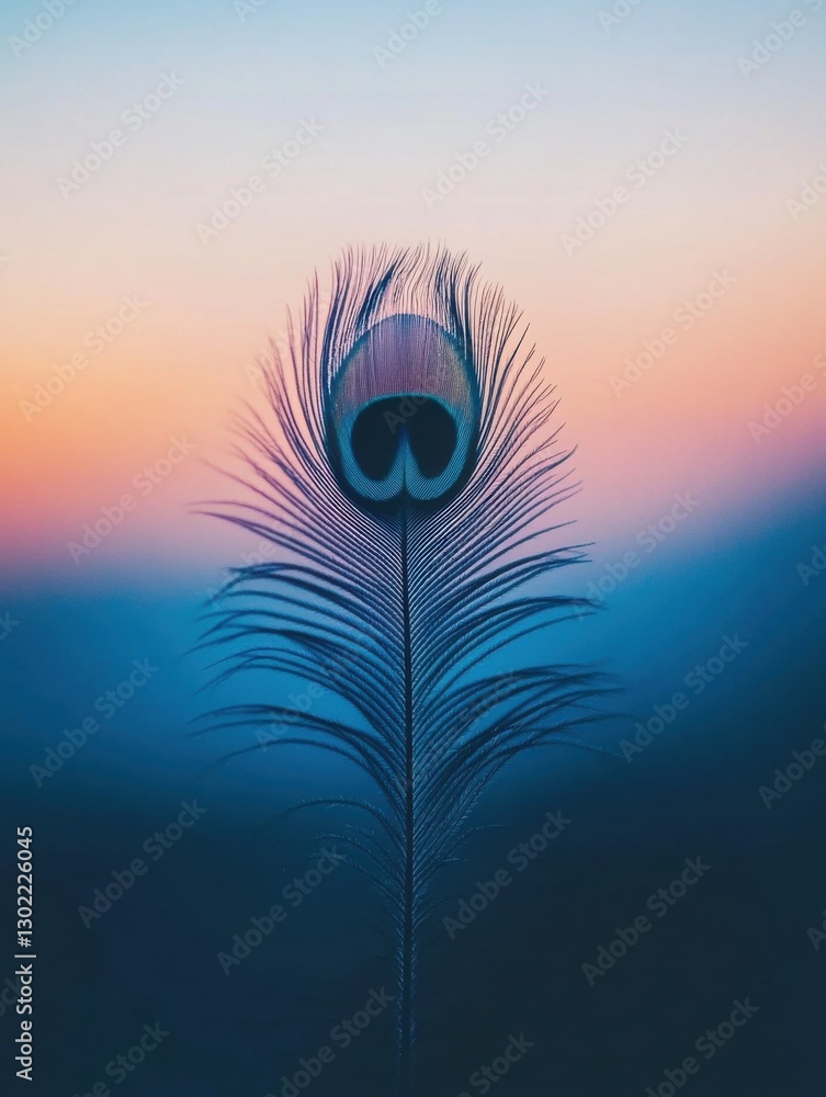 Poster Close-up view of a single vibrant peacock feather against a soft gradient background during dusk hours