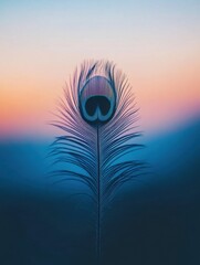 Obraz premium Close-up view of a single vibrant peacock feather against a soft gradient background during dusk hours