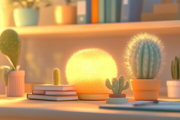 Cozy desk scene with cacti, books, and a fluffy lamp bathed in warm evening light.