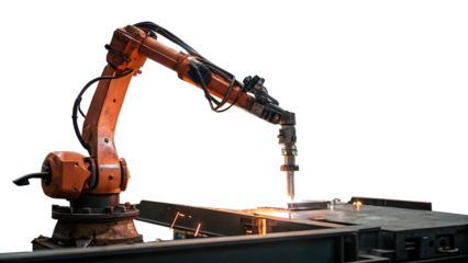 Industrial Welding Robot and Worker in Protective Gear Isolated on White Background as Transparent. PNG. AI GENERATED