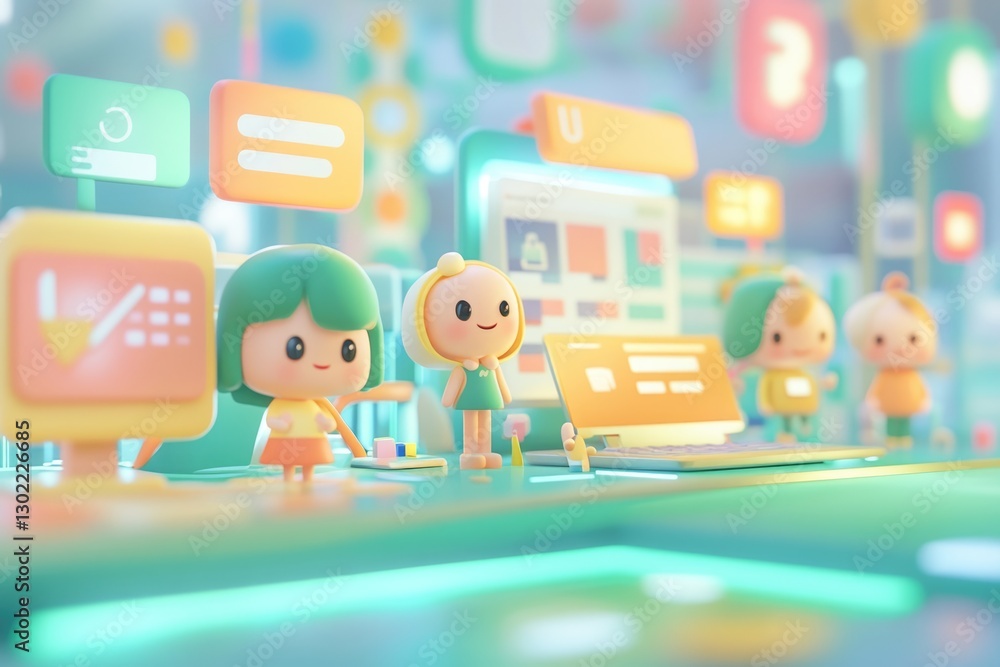 Poster adorable 3d cartoon characters interact with colorful user interface elements in a vibrant digital w