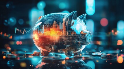 Dynamic double exposure featuring a piggy bank with financial graphs and data visualizations reflecting modern economic concepts