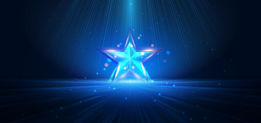 Scene elegant blue star light lines on dark background with lighting effect and sparkle. Celebration award ceremonies, celebrations concept.