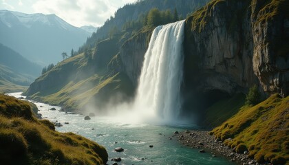 Obraz premium Majestic wat dev cascading down rocky cliffs at sunrise in a picturesque valley surrounded by mountains