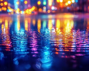 Night rain city lights reflected