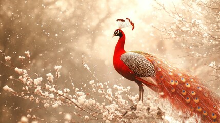Majestic red peacock perched on blooming branches in soft light.