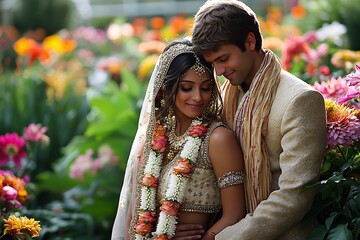 Couple embraces amidst vibrant garden blooms