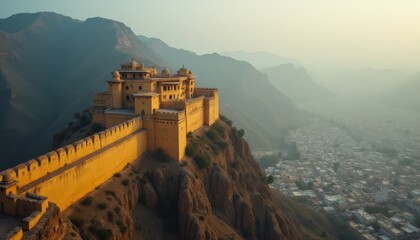 Majestic fort overlooking the valley at sunrise in Rajasthan, showcasing stunning architecture and natural beauty