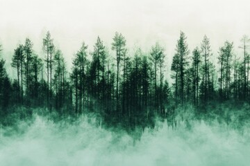 Misty green forest silhouette.