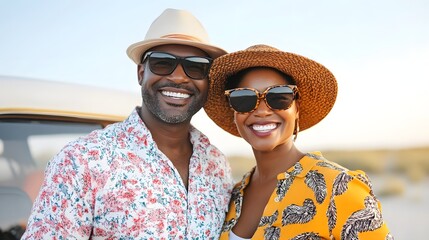 Fototapeta premium Smiling Couple Embarks on Exciting Road Trip Adventure Through Scenic Landscape