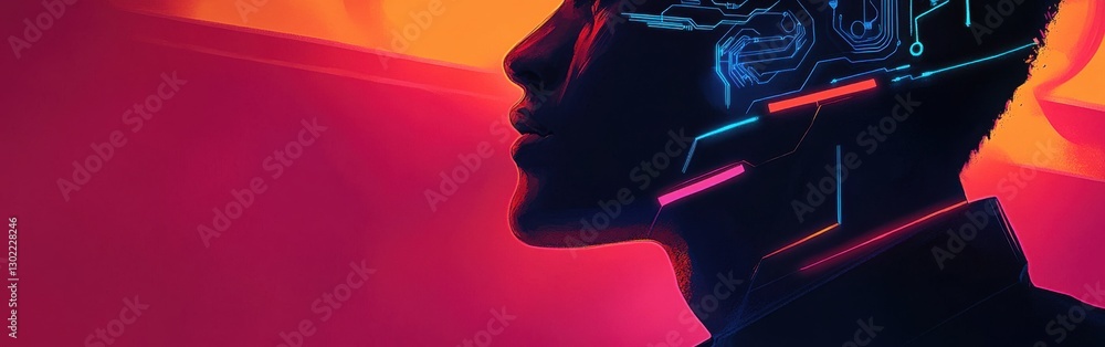 Poster mystical representation of a man's profile filled with vibrant digital elements symbolizing innovati