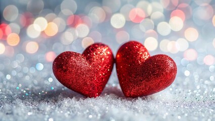 Fototapeta premium Sparkling Red Glitter Hearts on White Glitter Background - Valentine's Day