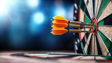 Bullseye Hit on Archery Target with Colorful Darts   Accuracy Precision and Skill in Archery Sports Competition and Hobby