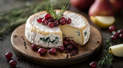 Elegant Cheese Wheel with Cranberries and Herbs on Wooden Board