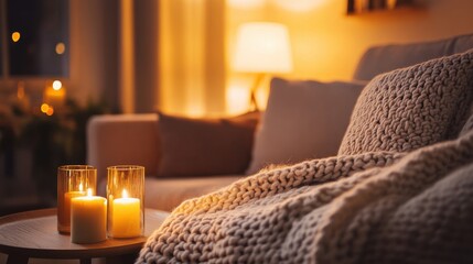 Obraz premium Cozy Living Room with Candles and Soft Knitted Blanket at Night