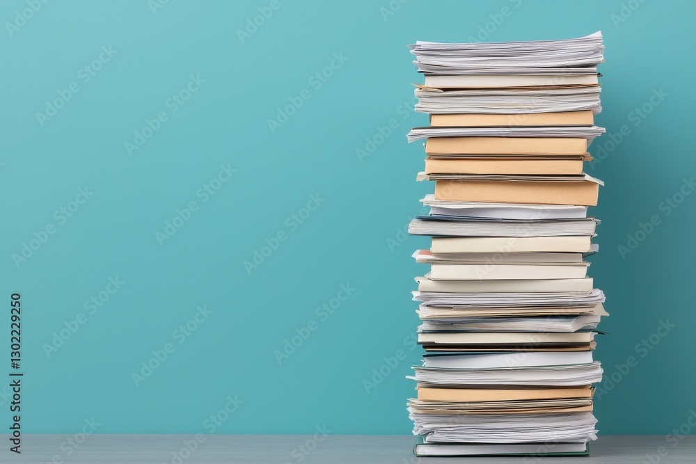 Poster a stack of assorted books and publications arranged neatly on a mint green background representing e