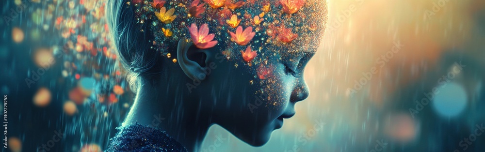 Poster Surreal profile of a child filled with flowers and light in a dreamy landscape showing inner thoughts and emotions