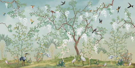 Flowering,Tree,In,The,Japanese,Garden,With,Birds.,Fresco,,Wallpaper,Mural background design, tropical, Watercolor background. © Sharif