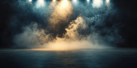 Fototapeta premium Dark background, fog, and smoke in the center of an empty stage, cinematic lighting