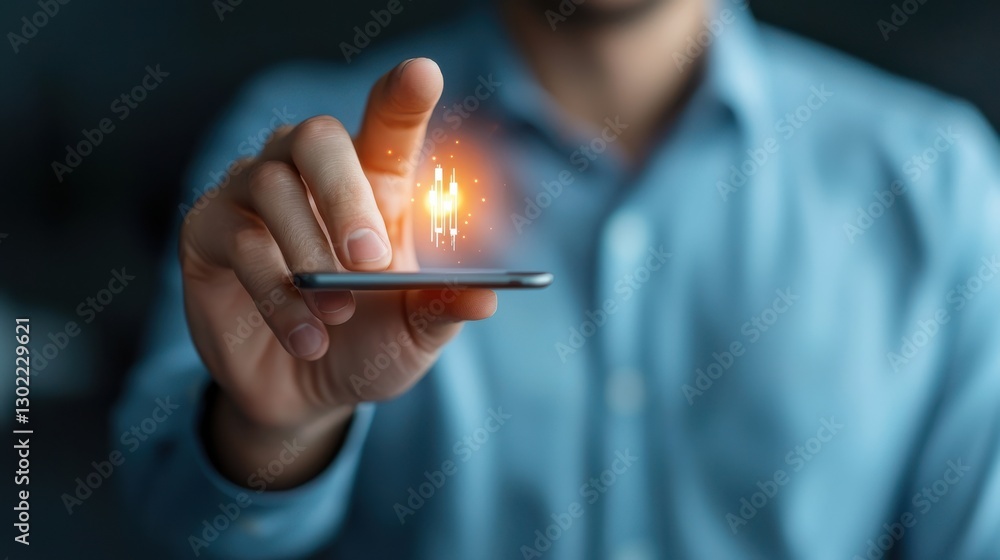 Poster businessman interacting with a glowing futuristic digital interface on a smartphone symbolizing inno