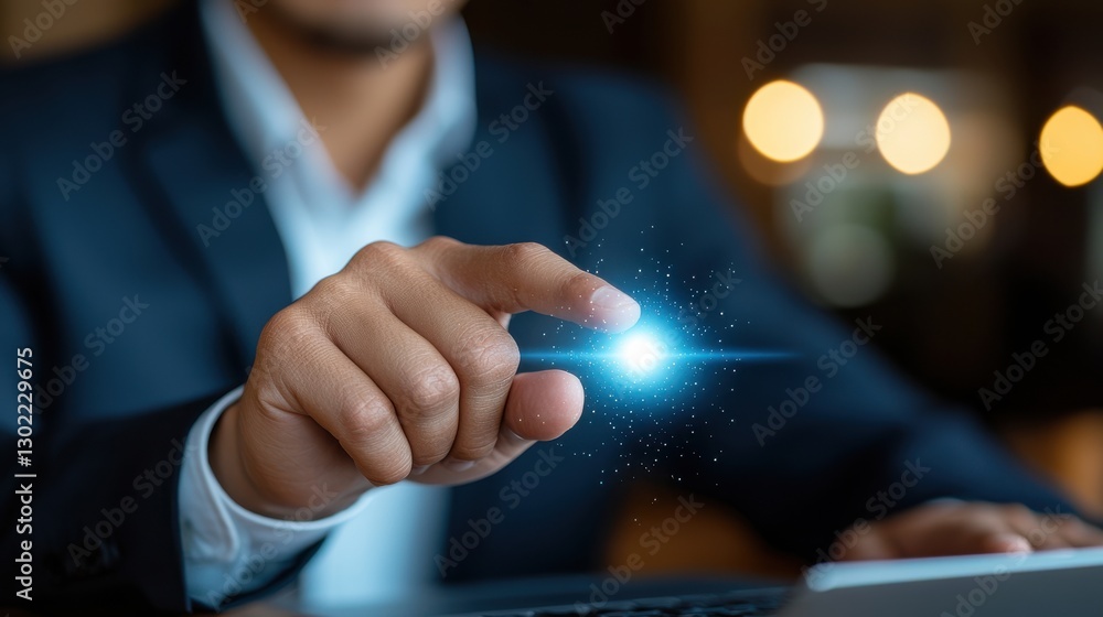 Poster businessman in a suit pointing his finger at a glowing light representing an innovative idea or solu