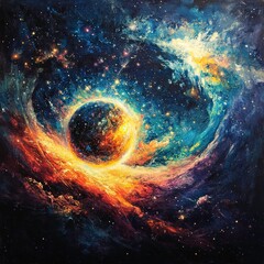 Obraz premium Colorful cosmic scene featuring swirling stars and a glowing planet in deep space