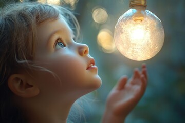 Naklejka premium A curious child gazes in wonder at a glowing light bulb, symbolizing imagination and discovery.