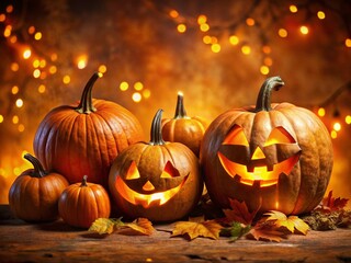 Spooky Halloween Jack-o'-Lanterns on Orange Background - Low Light Festive Clipart
