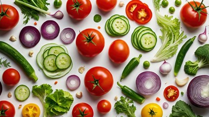 Naklejka premium A beautifully arranged display of fresh summer vegetables, creatively laid out to form an eye-catching and colorful composition. Perfect for food photography, healthy eating concepts, and organic life