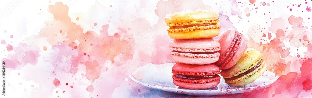Aufkleber colorful macarons stacked on a plate against a watercolor background with gentle splashes of color