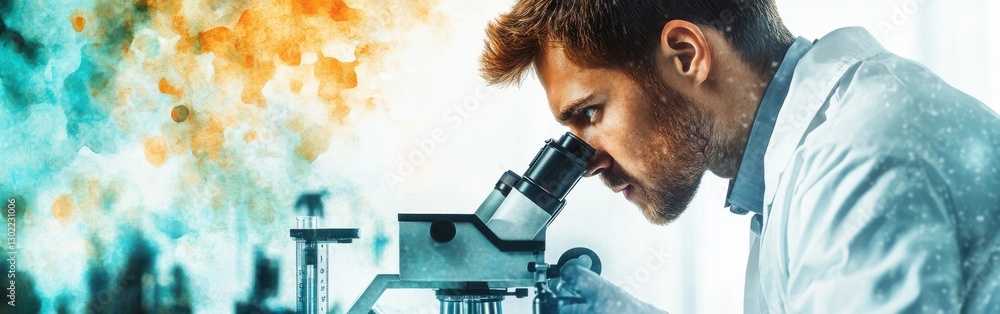Aufkleber researcher examines specimen through microscope in laboratory with watercolor background