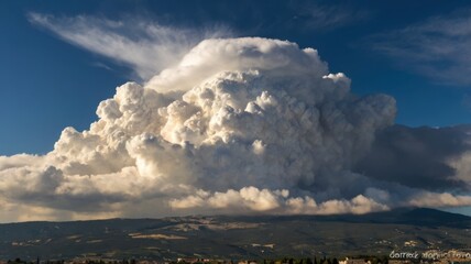 A dramatic view of towering cumulonimbus clouds forming over Mont Ventoux near Carpentras, showcasing the power and beauty of nature. Perfect for weather photography, atmospheric studies, and landscap