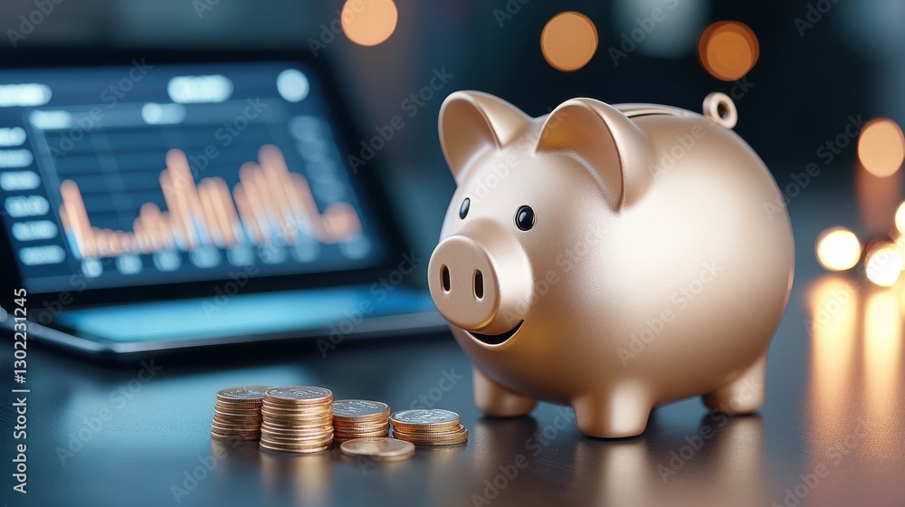 Poster a piggy bank sitting on a laptop computer screen displaying various financial charts and graphs depi