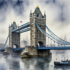Obraz premium watercolor of Tower Bridge on a foggy morning. The iconic structure emerges from a soft gray mist