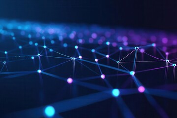 holographic neural network visualization with pulsing energy nodes connected by luminous threads, floating in dark space with subtle blue-purple gradients and glowing data streams