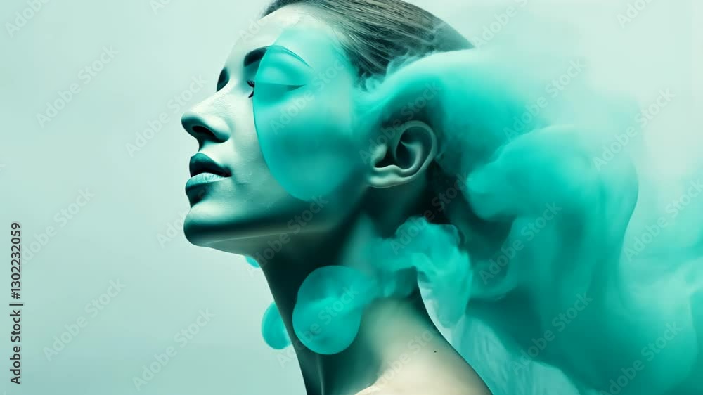 Poster surreal portrait of a face dissolving into particles amidst ethereal mist with abstract texture for 