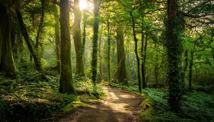 緑豊かな森林の小道に差し込む朝日 - 自然の美しさと静寂を感じる瞬間