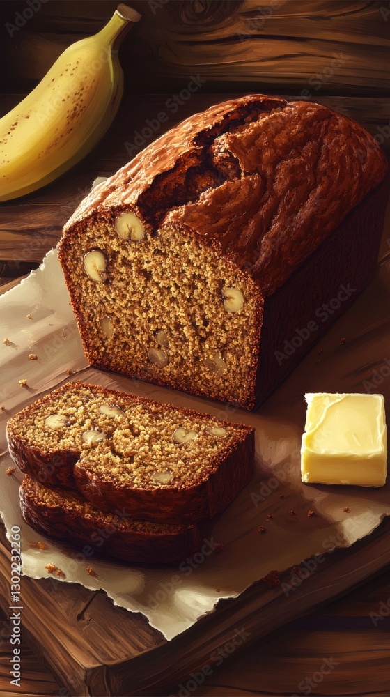 Poster deliciously moist banana bread with slices and butter on wooden table setting