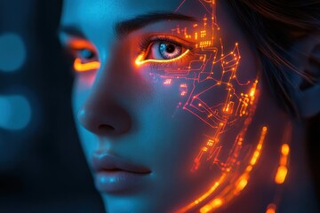 hyper-realistic female android portrait with bioluminescent circuits beneath translucent skin, piercing holographic eyes reflecting digital data streams in dramatic side lighting