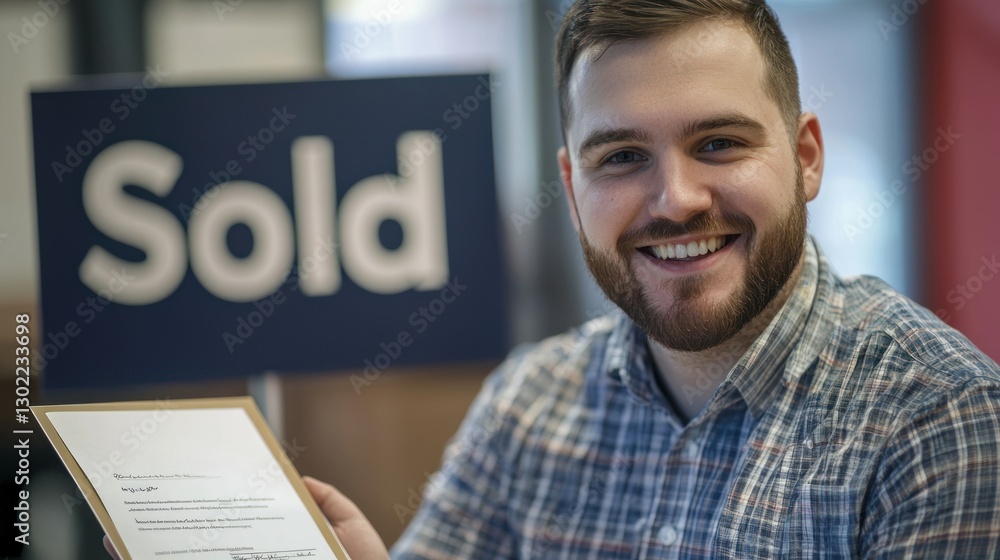 Poster a smiling broker with a client holding a signed contract in front of a 