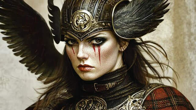 Warrior woman with intricate armor, striking makeup, and feathers poses dramatically for a fantasy-themed portrait