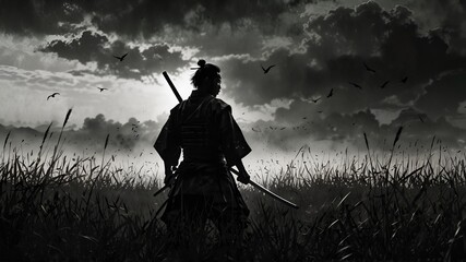 🏯⚔️ Lone Samurai Warrior Silhouette &ndash; Moody Ink Style, Wind-Blown Grass, Multiple Katanas, Messy Topknot, Birds Flying, Fire Embers & Traditional Japanese Aesthetic with Dramatic Contrast 🌫🔥