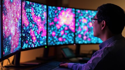 A data broker analyzing and visualizing large datasets on multiple monitors.
