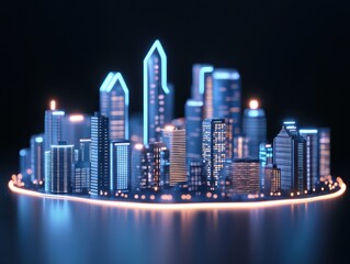 Naklejka premium Futuristic city skyline at night with glowing buildings and vibrant lights