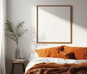 Mockup of a blank square frame above a bed with orange bedding in a bright room.